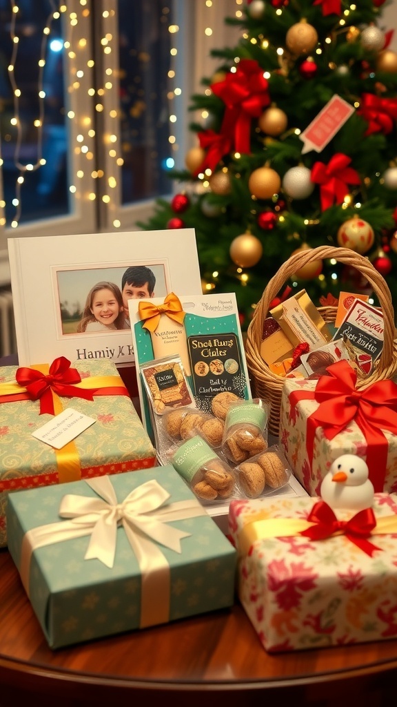 Creative Christmas Gift Ideas A collection of unique Christmas gifts including a photo album, gourmet basket, experience voucher, and handmade crafts, surrounded by holiday decorations.